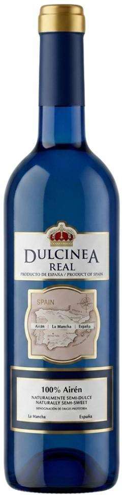 Dulcinea Real blue wine bottle with gold cap and cream labels